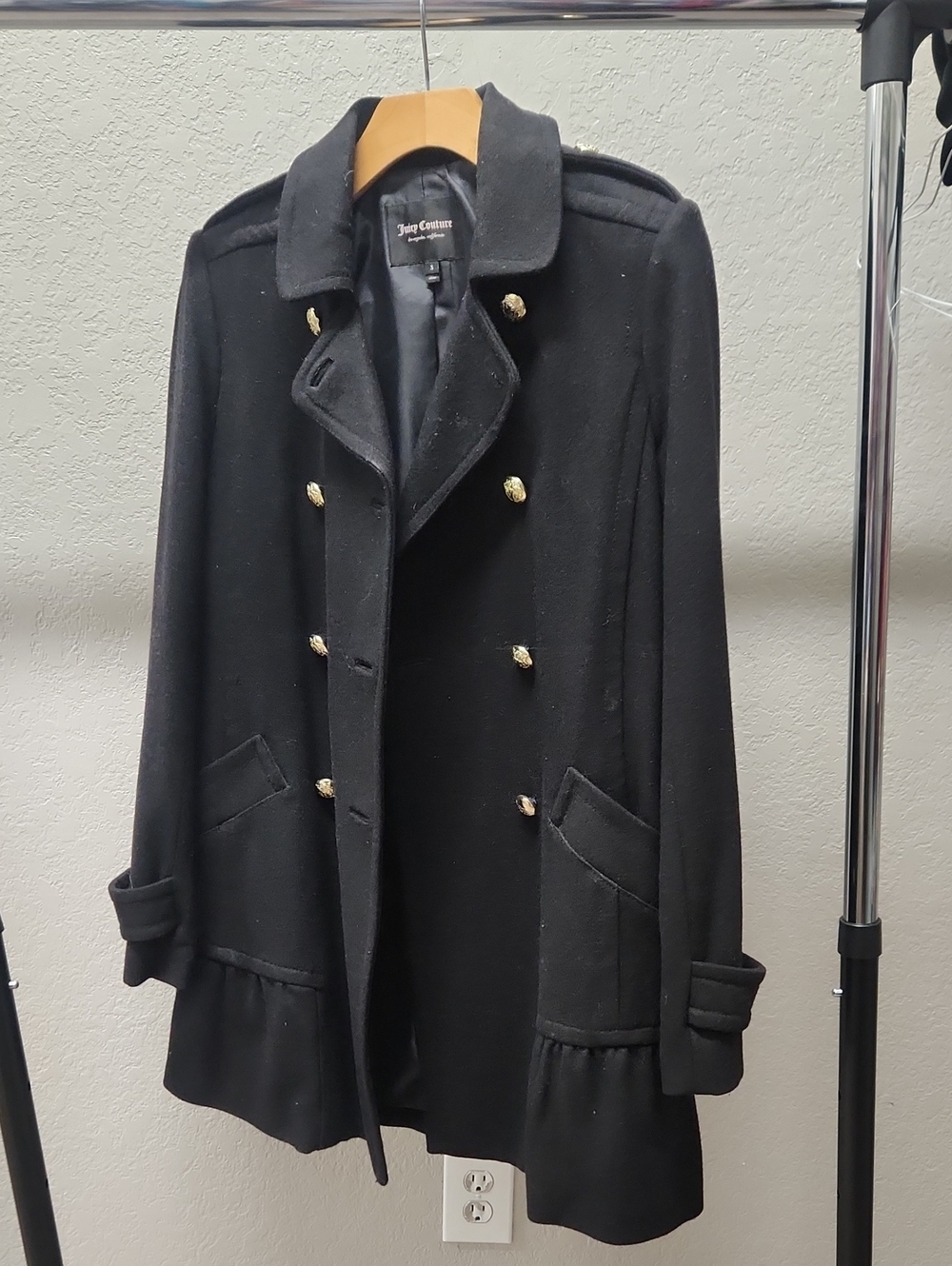 Juicy Couture Black Double-Breasted Pea Coat with Gold Buttons
